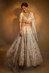Cream Raw Silk Heavy Designer Bridal Lehenga with Scallop V Neckline and Double Dupatta